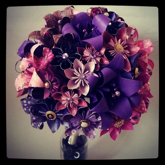 origami paper flower bouquet wedding alternative bouquet bride purple pink lily daisy vintage buttons etsy paper flower bouquet