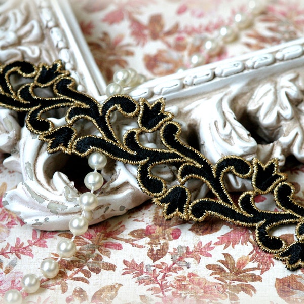 Tresors zwart met gouden rand Lace zwart met gouden versiering voor Couture Gowns, sjerpen, hoofdbanden, Crafting, GL-161