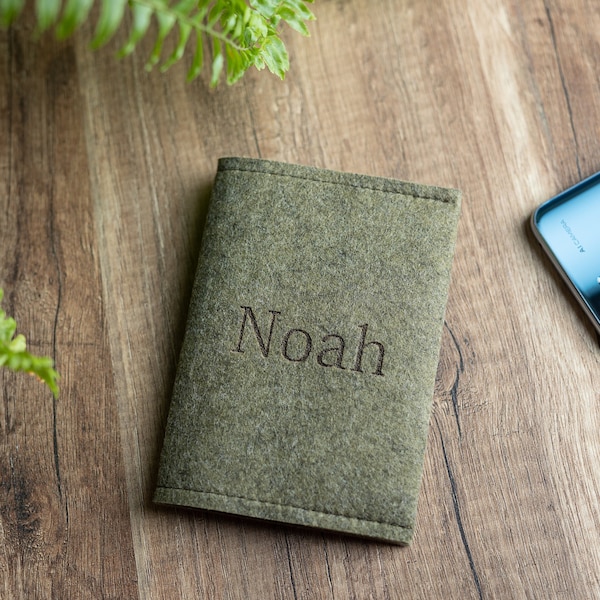 Personalized Passport Cover, Olive Green Felt, Olive Green Passport Sleeve, Minimalist Passport Cover