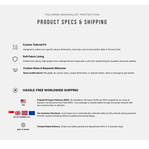 Peut inclure: Un graphique informatif blanc intitul&eacute; PRODUCT SPECS & SHIPPING. Il &eacute;num&egrave;re des caract&eacute;ristiques telles que Custom Tailored Fit, Soft Fabric Lining avec du feutre m&eacute;lang&eacute; de 2 mm, et Custom Sizes & Requests. Il d&eacute;taille aussi les politiques d'exp&eacute;dition.