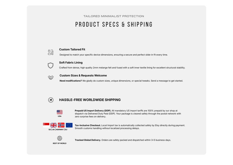 Peut inclure: Un graphique informatif blanc intitul&eacute; PRODUCT SPECS & SHIPPING. Il &eacute;num&egrave;re des caract&eacute;ristiques telles que Custom Tailored Fit, Soft Fabric Lining avec du feutre m&eacute;lang&eacute; de 2 mm, et Custom Sizes & Requests. Il d&eacute;taille aussi les politiques d'exp&eacute;dition.