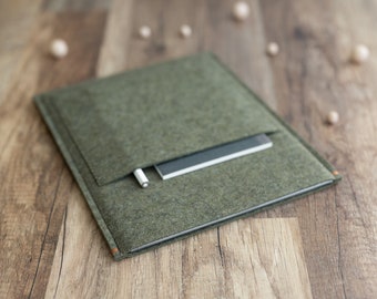 Case/ Sleeve For Remarkable Tablet With Front Pocket, Dark Olive Green Felt