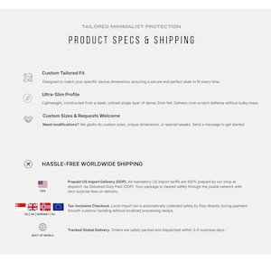 May include: A white informational graphic titled PRODUCT SPECS & SHIPPING. It lists features including a custom tailored fit, an ultra-slim profile made of 2mm felt, and custom size options. It also details worldwide shipping policies and tax info.