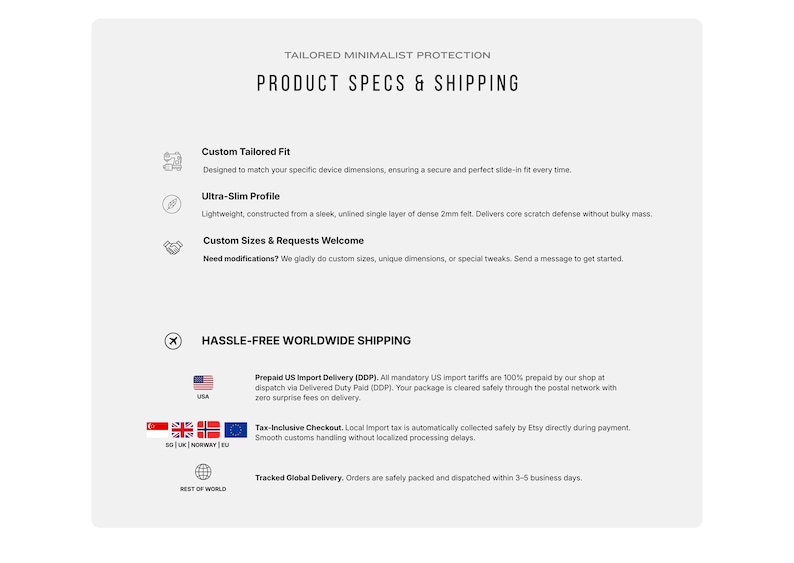 May include: A white informational graphic titled PRODUCT SPECS & SHIPPING. It lists features including a custom tailored fit, an ultra-slim profile made of 2mm felt, and custom size options. It also details worldwide shipping policies and tax info.