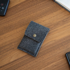 May include: A rectangular dark gray felt pouch featuring a fold-over flap secured by a single brass-colored metal snap button. The pouch has a structured design with visible stitching along the edges, providing a compact storage solution.