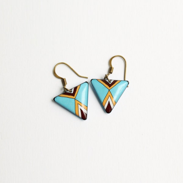 Triangle earrings, triangular earrings, geometric earrings,  tribal earrings, indie, hippie,hippy, small earrings, blue, brown, mustard