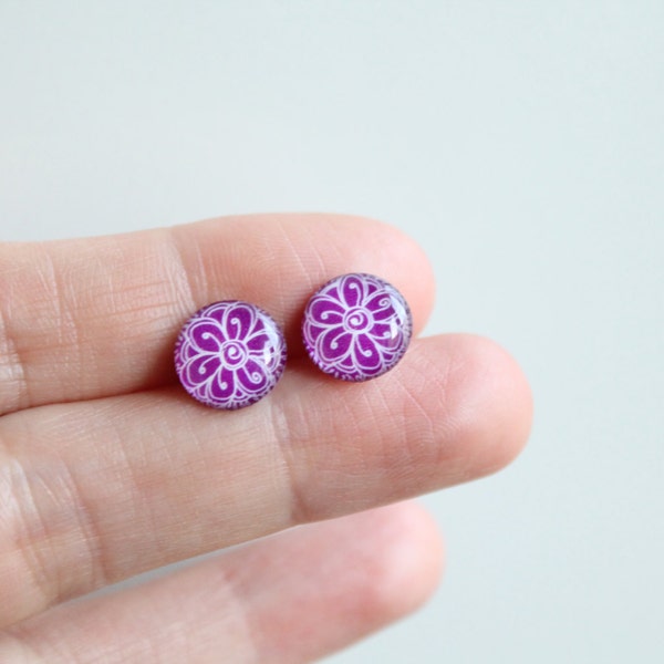 10 mm small studs, tiny,small stud earrings,purple studs,purple stud earrings,magenta pink studs, fuchsia studs, flower studs, fuchsia pink