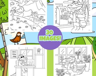 May include: A coloring book cover with the text "Alli-gator Activities" and "Fun and Cute Coloring Book". The image features cartoon alligators in various scenes, including an artist alligator, and the text "30 Images!"