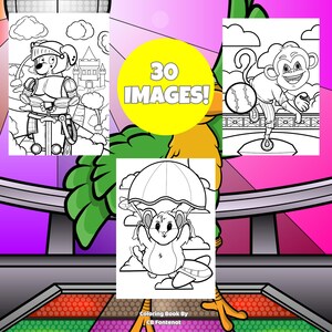 May include: A coloring book cover with three black and white illustrations. One shows a dog in knight armor, another a monkey with a baseball, and a third a mouse with a parachute. The cover has the text "30 IMAGES!" in a yellow circle.