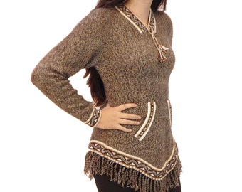 Hand Knit Alpaca Pullover Sweater: Natural Browns, Hypoallergenic