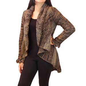 Fine Alpaca Wool Handknit Cardigan Tailored Peacoat Open Petticoat Jacket Designer Versatile Stylish Elegant Fitted Wrap Knit Natural Browns