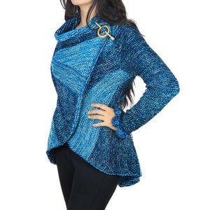 Fine Alpaca Fiber Tailored Peacoat Cardigan Petticoat Jacket Knitted Open Hoodie Versatile Stylish Elegant Fitted Wrap Crochet Light Blues