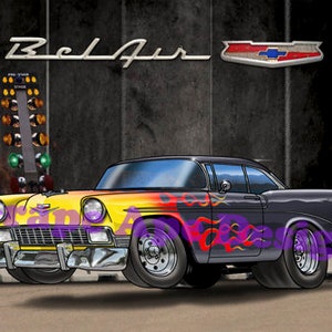 May include: A black 1957 Chevrolet Bel Air with yellow and orange flames painted on the side. The car is a dragster with a Christmas tree style light display behind it. The car has a black interior and chrome accents.