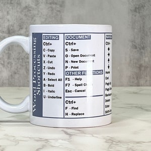 Word Processing Shortcuts Mug | Coffee Cup for Educator Gift, Back to School Present, Writer Gift, Office Worker Gift, Tech Enthusiast