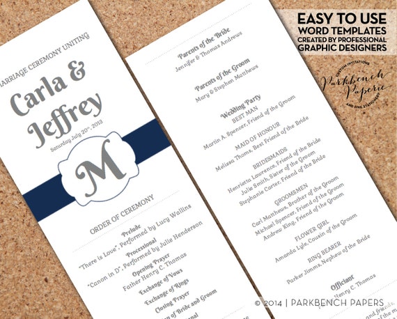 wedding program template order of ceremony program wedding etsy