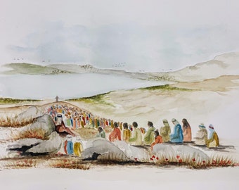 Printed Watercolor of Jesus and the Sermon on the Mount