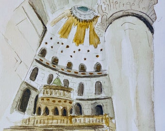 Jerusalem - A Watercolor Print - Floor to Ceiling View of the Sepulcher and the Dome on the Inside of the Church of the Holy Sepulcher.