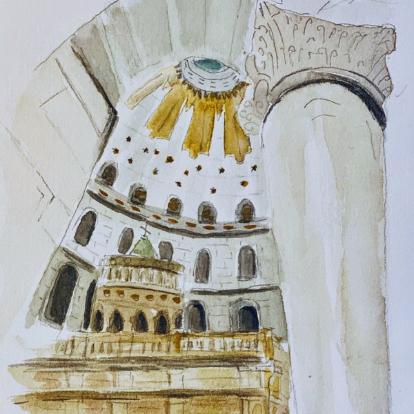 Jerusalem - A Watercolor Print - Floor to Ceiling View of the Sepulcher and the Dome on the Inside of the Church of the Holy Sepulcher.
