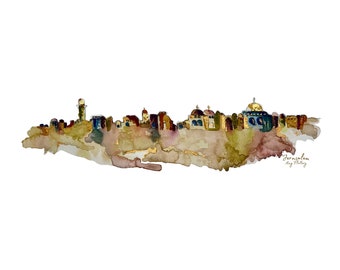 DIGITAL DOWNLOAD Jerusalem Skyline with Gold Leaf - Watercolor  - Multi Color