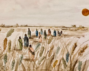Printed Watercolor of Jesus walking with the disciples in the grain field.