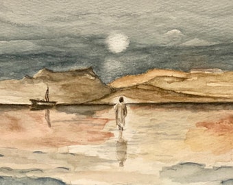 Printed Watercolor painting of Jesus Walking on the Water