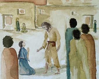 Jesus Heals the Woman with the Issue of Blood - From Luke 8. A watercolor print on linen paper