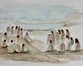 Printed Watercolor painting of Jesus with his disciples/friends