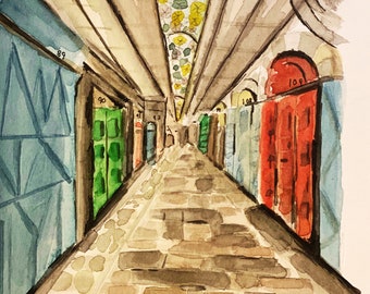 A colorful watercolor print of Christian Quarter Road, Old City, Jerusalem, Israel