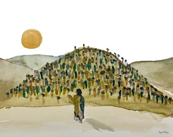 DIGITAL DOWNLOAD Modern Watercolor of Jesus and the Sermon on the Mount in the Galilee