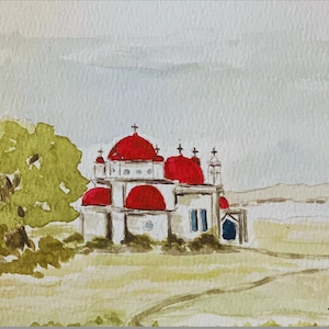A Watercolor Print the Greek Orthodox Church in the ancient town of Capernaum