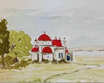 A Watercolor Print the Greek Orthodox Church in the ancient town of Capernaum