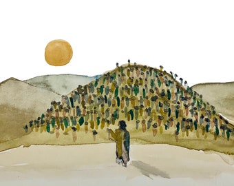 Printed Modern Watercolor of Jesus and the Sermon on the Mount in the Galilee