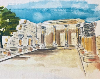 A Watercolor Print the Synagogue at Capernaum