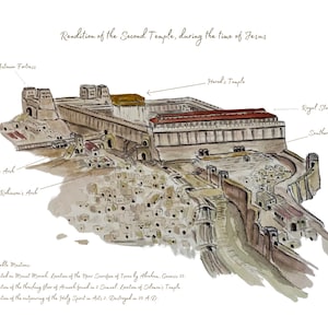 The Second Temple in Jerusalem - Artist Watercolor Rendition with Description