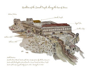 The Second Temple in Jerusalem - Artist Watercolor Rendition with Description