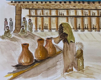 Printed Watercolor painting of the Widow's Offering at the Temple. Replica Widow's Mite Coins Included and attached.