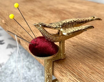 Sewing Bird- 19th century replica pincushion and clamp tool for Victorian, Cottagecore, Steampunk, heirloom sewing