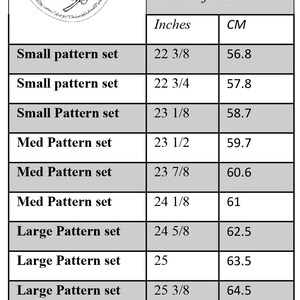 May include: A black and white chart titled "Dockenbaret Size Chart" with a table listing head circumference measurements in inches and centimeters for different sizes of dockenbaret hats. The sizes include small, medium, large, and extra-large.