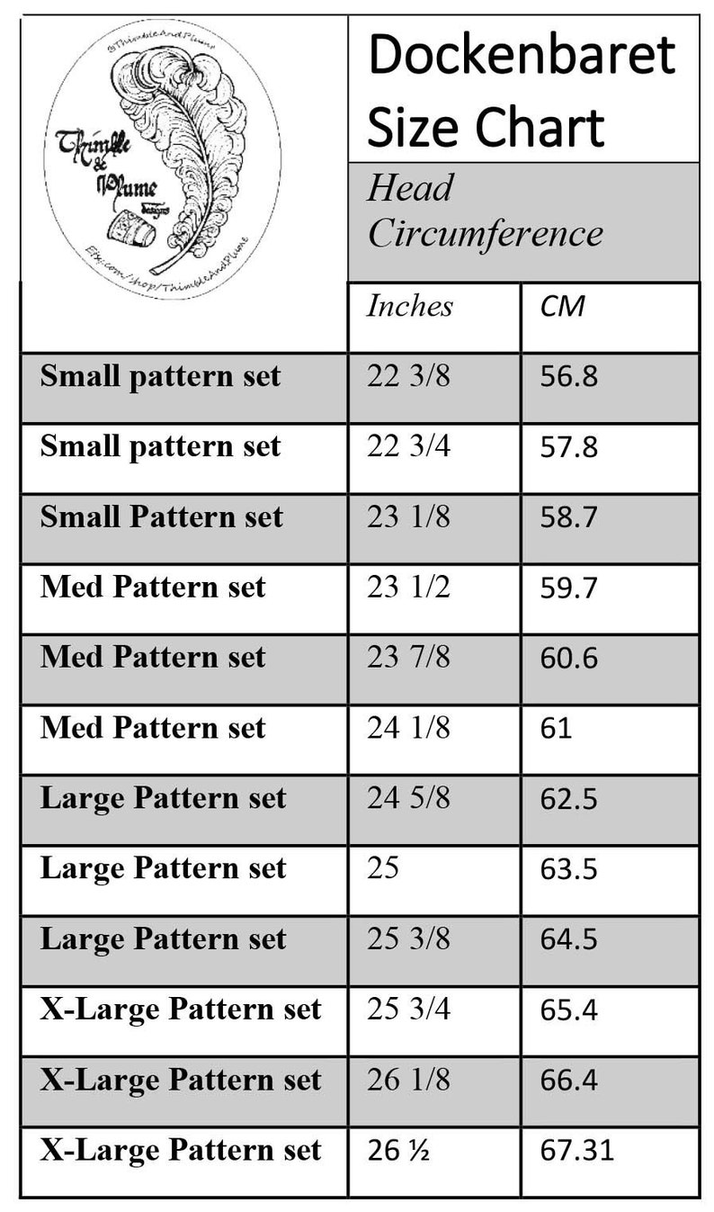 May include: A black and white chart titled "Dockenbaret Size Chart" with a table listing head circumference measurements in inches and centimeters for different sizes of dockenbaret hats. The sizes include small, medium, large, and extra-large.