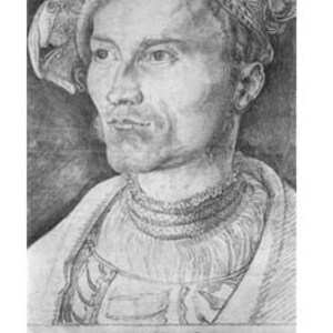 May include: A black and white portrait drawing of a man wearing a hat. The drawing is dated 1516.