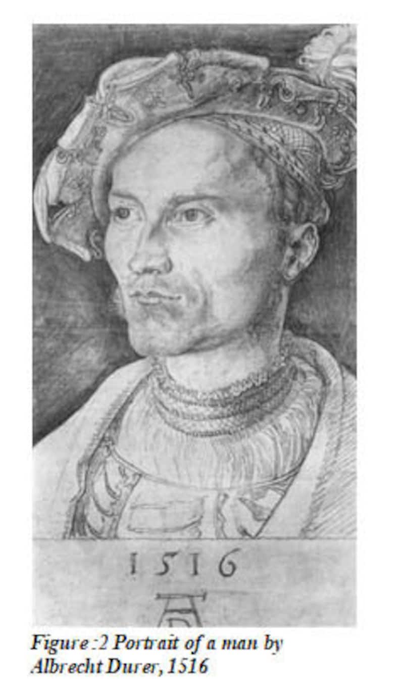 May include: A black and white portrait drawing of a man wearing a hat. The drawing is dated 1516.