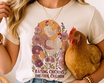 Camiseta "Cría de pollos y niños salvajes": una divertida camiseta bohemia con un gráfico de la vida en la granja. Ideal como regalo para los amantes de las gallinas de traspatio.