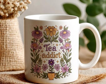 Tea Addict Ceramic Mug – A Charming Boho Coffee Cup with Floral Design, Herbal Tea Lover Style and a Cute Quote Mug Gift, Tea Gift