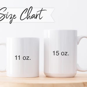 two white coffee mugs sitting on top of a wooden table. Size chart for 11 oz & 15 oz mug.