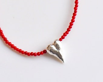 Red Coral Necklace, genuine red coral beaded necklace with silver heart charm, A one of a kind gift for special occasion
