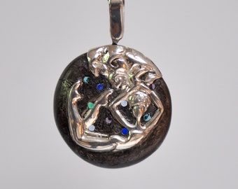 Silver medallion femme necklace, female figure in the lake, magical round pendant with color gems, “swimming In The Lake”