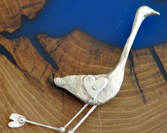 Sterling Silver Bird Brooch Crane Articulated, Cute Bird Pin, Gift for Mom, Heron Pendant Bird Charm, Handmade Jewelry Unique Jewelry Quirky