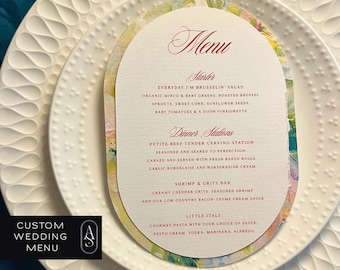 Oval Wedding Menu: Artistic Brushstroke Design, Personalized Table Setting