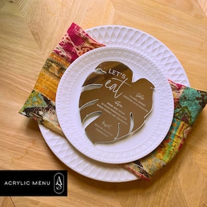 Acryl Hochzeitsmenü | Monstera Blatt Stil | Benutzerdefinierte Tropische Menükarte | Elegantes Party Dekor für Hochzeiten | Let's Eat Hochzeitsmenü | Acryl