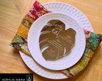Monstera Blatt Acryl Hochzeitsmenü: Tropisches Party Dekor